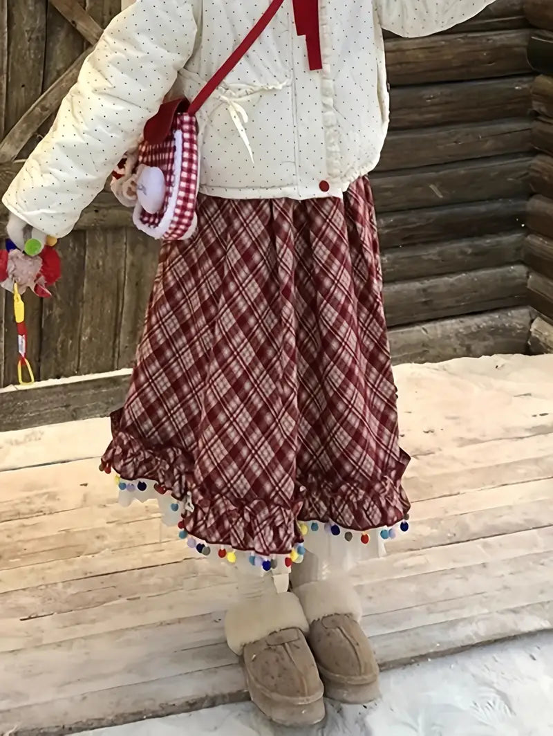 Women's Vintage Red & White Plaid A-Line Skirt with Fringe Hem - Rhombus Check Print Winter Christmas Skirt, Flared Umbrella Skirt for Scottish Dance, Folk Costume & Holiday Party Outfits (Machine Washable)