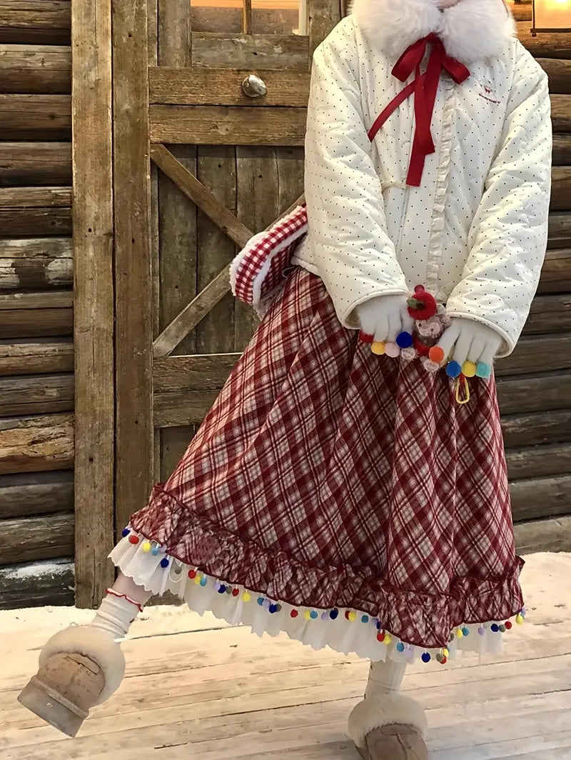 Women's Vintage Red & White Plaid A-Line Skirt with Fringe Hem - Rhombus Check Print Winter Christmas Skirt, Flared Umbrella Skirt for Scottish Dance, Folk Costume & Holiday Party Outfits (Machine Washable)