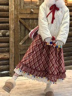 Women's Vintage Red & White Plaid A-Line Skirt with Fringe Hem - Rhombus Check Print Winter Christmas Skirt, Flared Umbrella Skirt for Scottish Dance, Folk Costume & Holiday Party Outfits (Machine Washable)