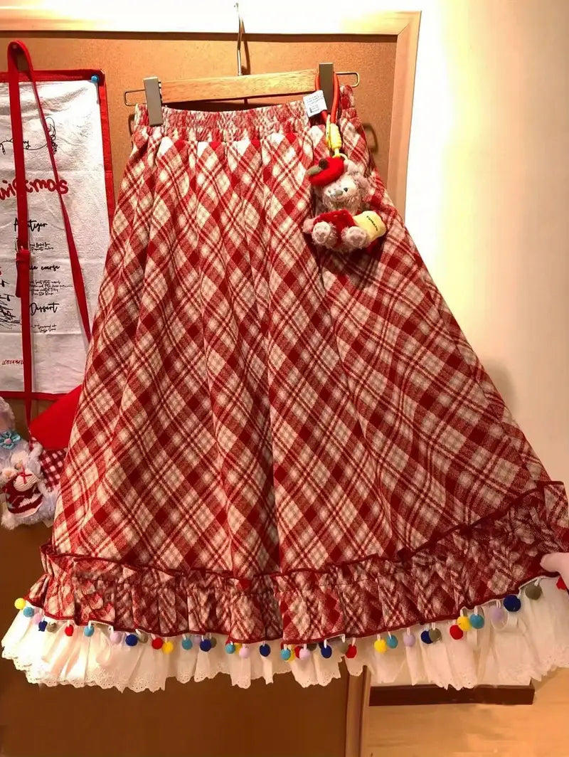Women's Vintage Red & White Plaid A-Line Skirt with Fringe Hem - Rhombus Check Print Winter Christmas Skirt, Flared Umbrella Skirt for Scottish Dance, Folk Costume & Holiday Party Outfits (Machine Washable)