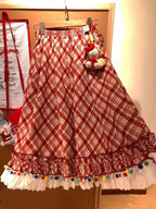 Women's Vintage Red & White Plaid A-Line Skirt with Fringe Hem - Rhombus Check Print Winter Christmas Skirt, Flared Umbrella Skirt for Scottish Dance, Folk Costume & Holiday Party Outfits (Machine Washable)