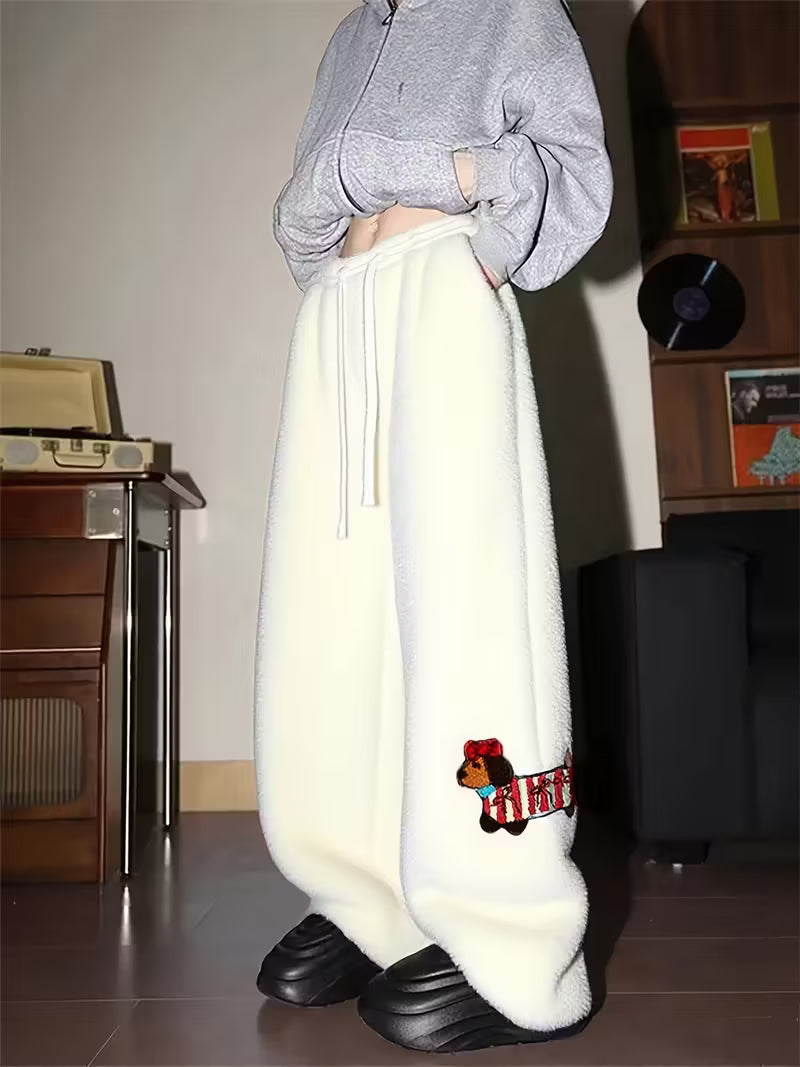 Women's Fashion Plush Pants - Autumn/Winter Casual Elastic Waist Trousers, Loose Fit Joggers with Dog Print Hem