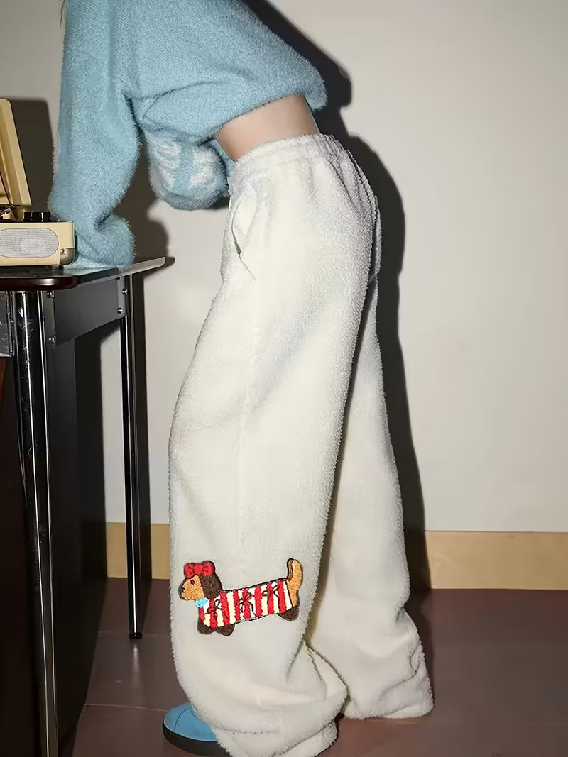 Women's Fashion Plush Pants - Autumn/Winter Casual Elastic Waist Trousers, Loose Fit Joggers with Dog Print Hem