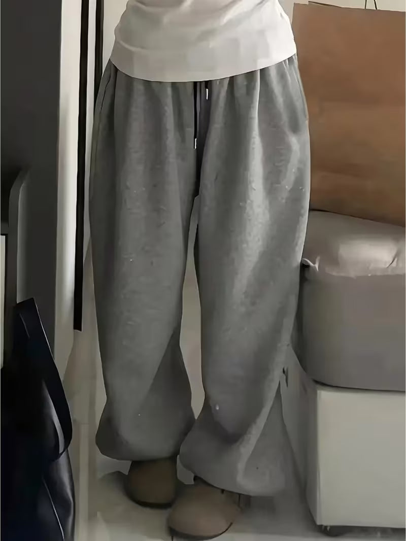 Women's Gray High-Waisted Wide-Leg Bell-Bottom Pants - Retro Tapered Bell Bottoms with Wide Leg Opening, Solid Color Non-Stretch Winter Trousers for Everyday Outfits, Lounging & Layering (Hand Washable)