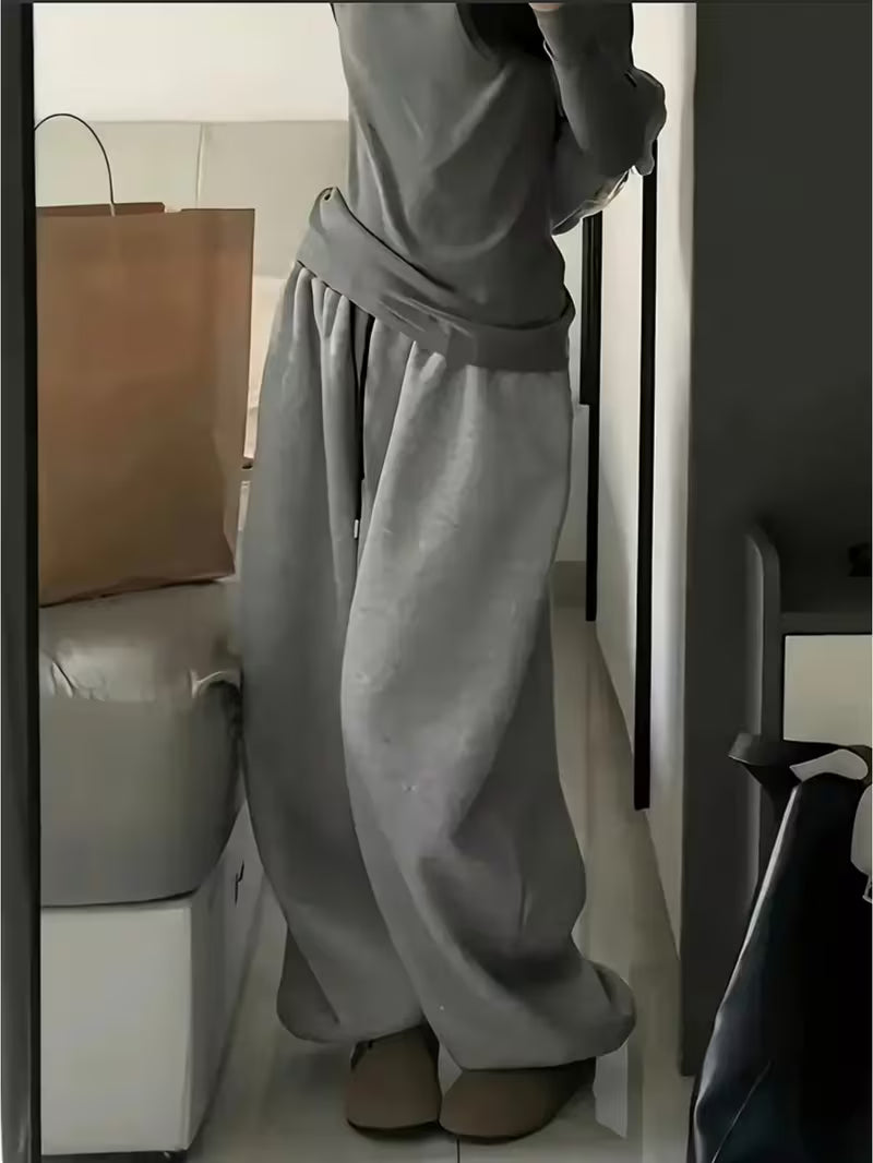 Women's Gray High-Waisted Wide-Leg Bell-Bottom Pants - Retro Tapered Bell Bottoms with Wide Leg Opening, Solid Color Non-Stretch Winter Trousers for Everyday Outfits, Lounging & Layering (Hand Washable)