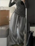 Women's Gray High-Waisted Wide-Leg Bell-Bottom Pants - Retro Tapered Bell Bottoms with Wide Leg Opening, Solid Color Non-Stretch Winter Trousers for Everyday Outfits, Lounging & Layering (Hand Washable)