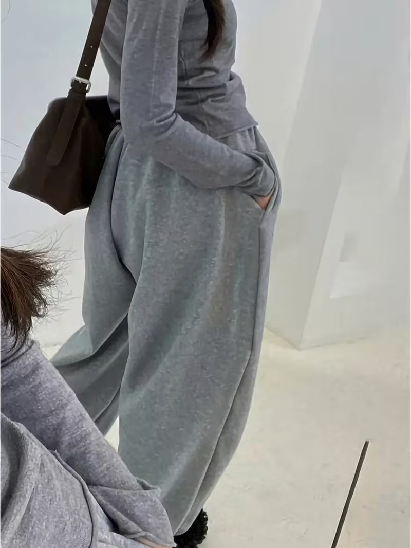 Women's Gray High-Waisted Wide-Leg Bell-Bottom Pants - Retro Tapered Bell Bottoms with Wide Leg Opening, Solid Color Non-Stretch Winter Trousers for Everyday Outfits, Lounging & Layering (Hand Washable)
