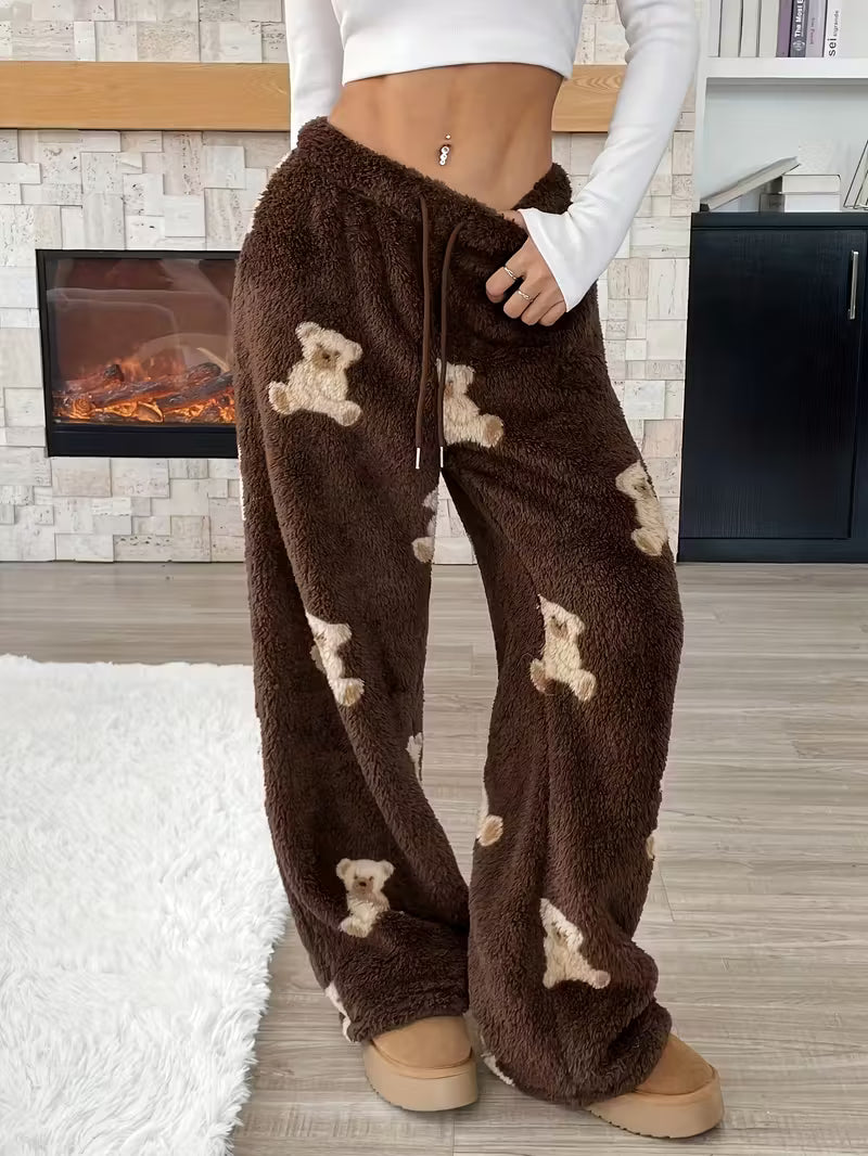 New Autumn-Winter Fashion Warm Casual Pants, Bear Print Wide-Leg Loose Fit Women's Long Pants
