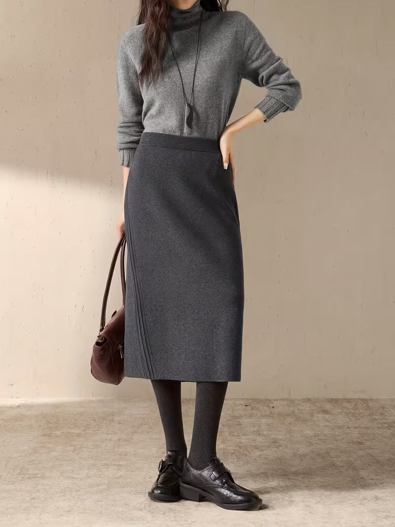 Women'S Mid-Length Skirt with Side Slit - Solid Color, Regular Fit, No Belt, Perfect for Fall/Winter, Casual to Formal Wear, Casual Attire|Sleek Skirt| Construction