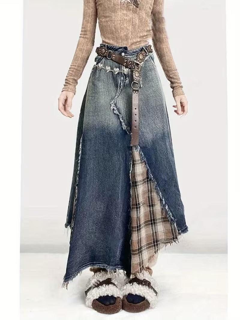 Women's Vintage Distressed Denim Jumper-like Skirt - Heavy Washed A-Line Floor-Length (or above-knee) - Beltless A-Line Silhouette - Solid Blue & Brown Denim - Retro Western Style - Hand Washable - Large Size Friendly