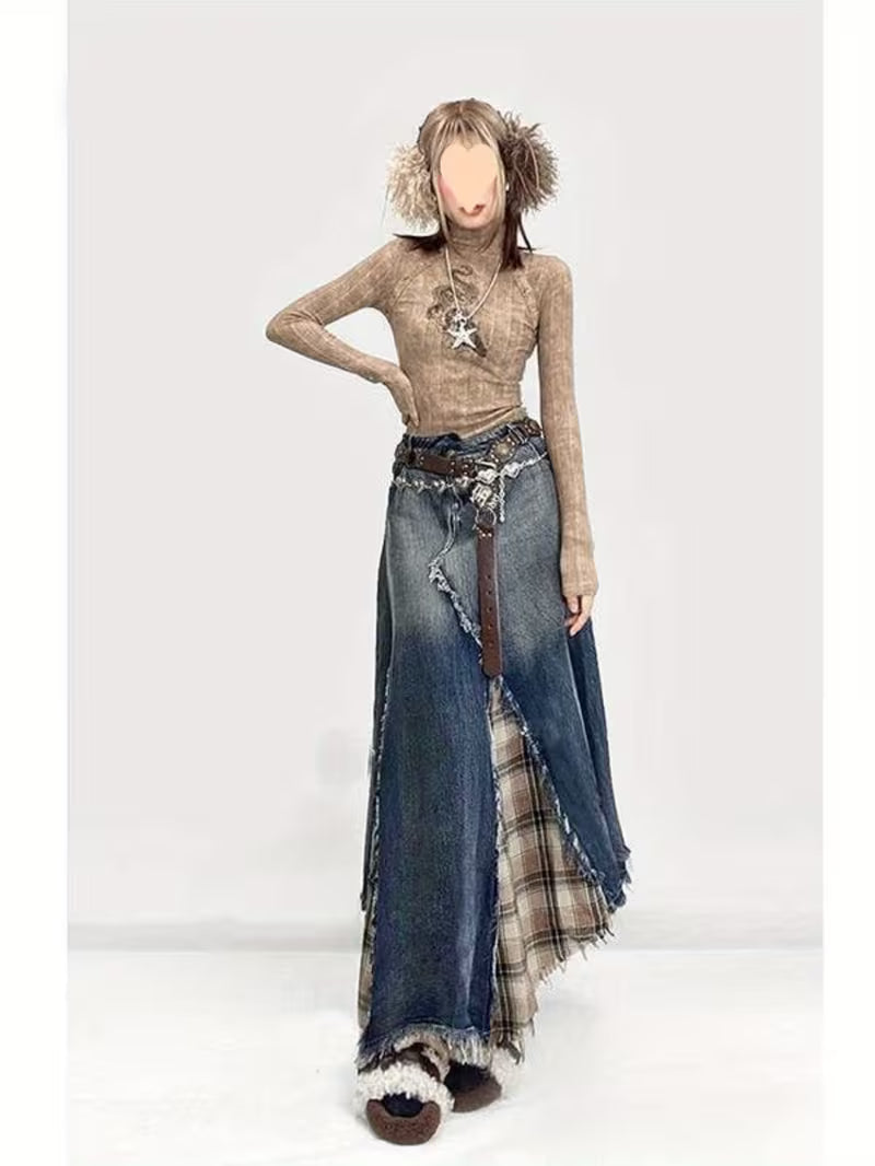 Women's Vintage Distressed Denim Jumper-like Skirt - Heavy Washed A-Line Floor-Length (or above-knee) - Beltless A-Line Silhouette - Solid Blue & Brown Denim - Retro Western Style - Hand Washable - Large Size Friendly