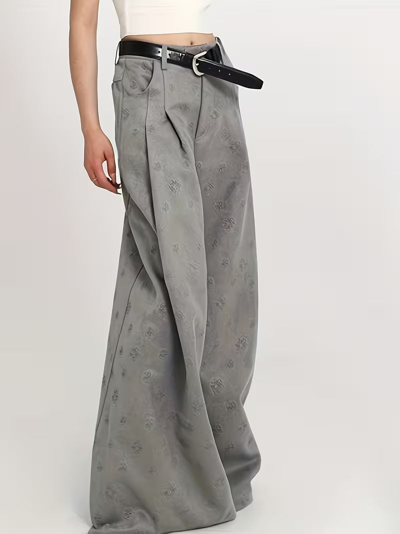 Women'S High-Waist Wide-Leg Jeans with Floral Embossed Design - Light Gray, Vintage Style, Casual Summer Pants for Tall Women, Comfortable and Stylish, High Waisted Jeans, Ladie Trouser Straight Leg, Women' Trouser, Women Trouser