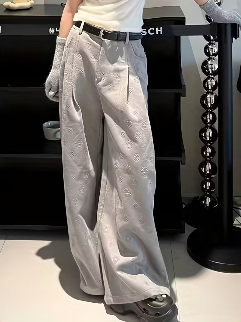 Women'S High-Waist Wide-Leg Jeans with Floral Embossed Design - Light Gray, Vintage Style, Casual Summer Pants for Tall Women, Comfortable and Stylish, High Waisted Jeans, Ladie Trouser Straight Leg, Women' Trouser, Women Trouser