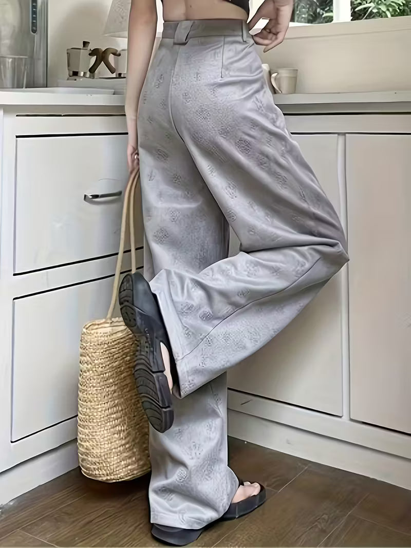 Women'S High-Waist Wide-Leg Jeans with Floral Embossed Design - Light Gray, Vintage Style, Casual Summer Pants for Tall Women, Comfortable and Stylish, High Waisted Jeans, Ladie Trouser Straight Leg, Women' Trouser, Women Trouser