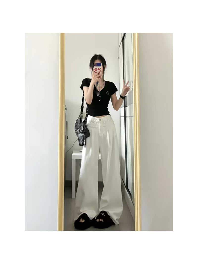 Women'S White High-Waisted A-Line Straight Leg Jeans - Structured Wide-Leg Trousers with Zipper Closure, Solid White Casual to Formal Pants for Fall/Winter, Versatile Everyday & Formal Wear, Durable & Comfortable Work Pants for Women