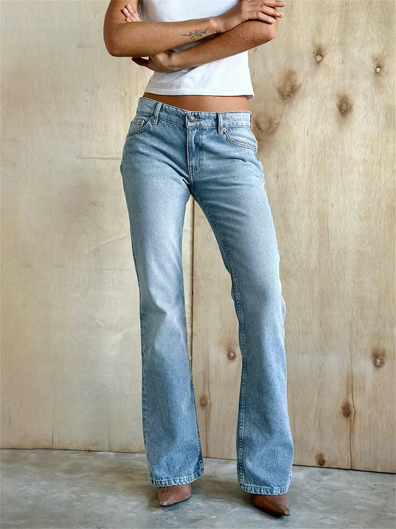 Women Jeans, Low Waist Zipper Button Solid Trousers with Pockets for Daily Streetwear