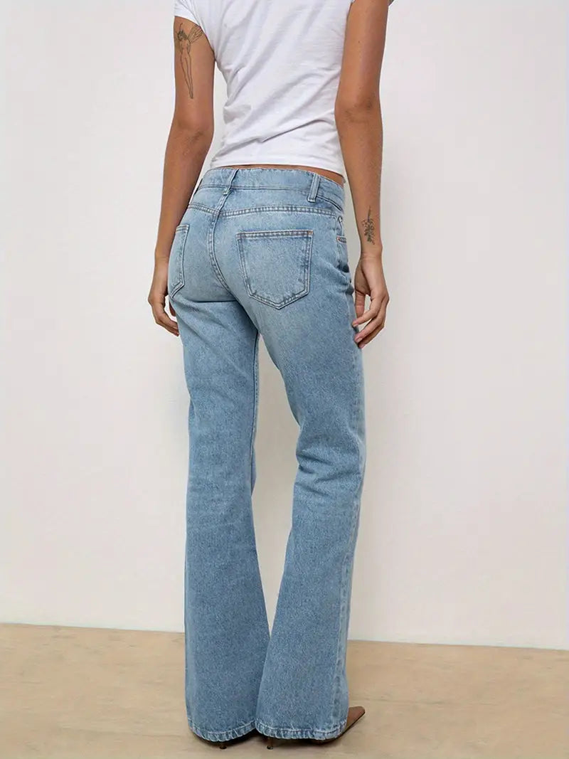 Women Jeans, Low Waist Zipper Button Solid Trousers with Pockets for Daily Streetwear