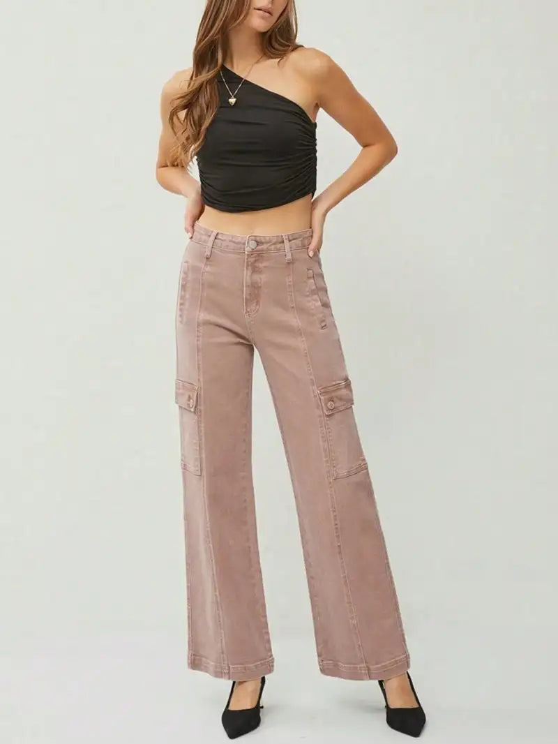 Womens Casual Cargo Jeans Fashion Mauve Wide-Leg Cargo Denim Pants High-Waisted Utility Pockets relaxed fit For Casual and Fashion All Season Style