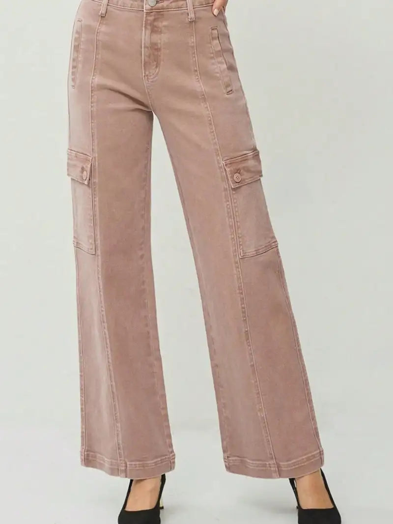 Womens Casual Cargo Jeans Fashion Mauve Wide-Leg Cargo Denim Pants High-Waisted Utility Pockets relaxed fit For Casual and Fashion All Season Style