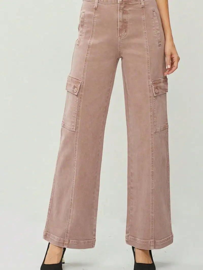 Womens Casual Cargo Jeans Fashion Mauve Wide-Leg Cargo Denim Pants High-Waisted Utility Pockets relaxed fit For Casual and Fashion All Season Style