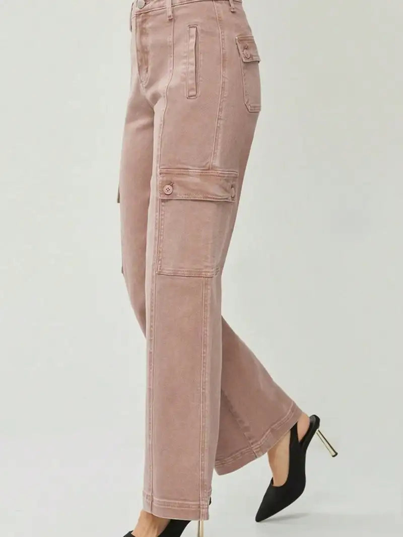 Womens Casual Cargo Jeans Fashion Mauve Wide-Leg Cargo Denim Pants High-Waisted Utility Pockets relaxed fit For Casual and Fashion All Season Style