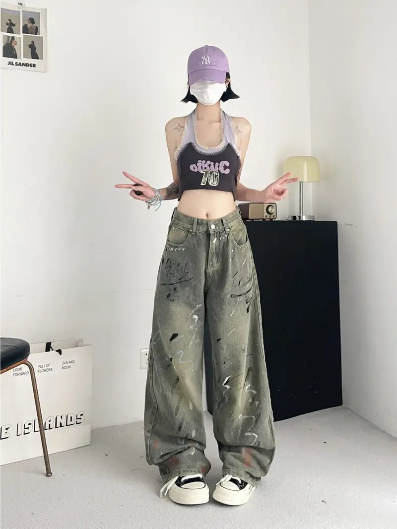 Women's Vintage Wash Wide Leg High-Waisted Jeans - Wash Blue Distressed Denim Pants with White Splatter Design, Retro 70s/80s Inspired Streetwear