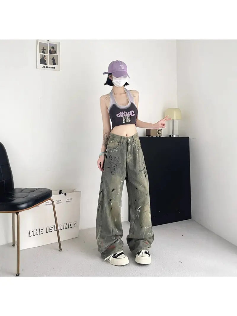 Women's Vintage Wash Wide Leg High-Waisted Jeans - Wash Blue Distressed Denim Pants with White Splatter Design, Retro 70s/80s Inspired Streetwear