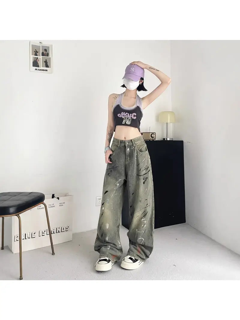 Women's Vintage Wash Wide Leg High-Waisted Jeans - Wash Blue Distressed Denim Pants with White Splatter Design, Retro 70s/80s Inspired Streetwear