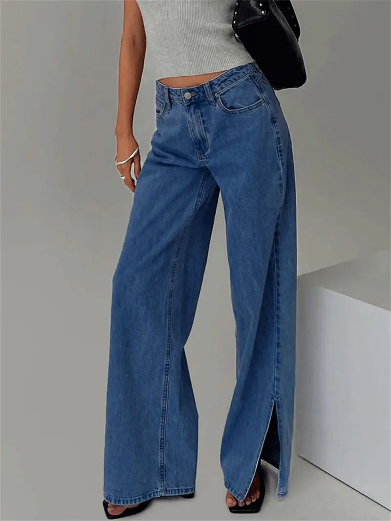 Women'S Wide Leg Faux Denim, Blend, Casual Style, Solid Color, with Split Hem and Slight Stretch, for All-Season Woven Faux Denim Pants