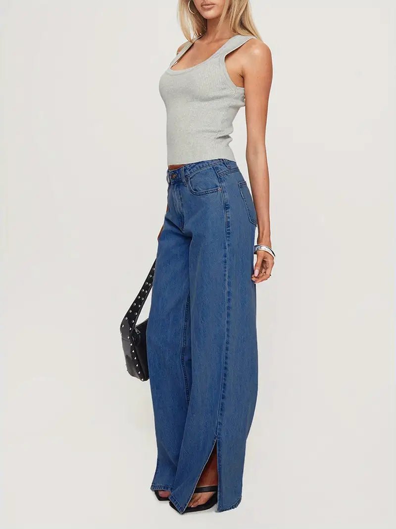 Women'S Wide Leg Faux Denim, Blend, Casual Style, Solid Color, with Split Hem and Slight Stretch, for All-Season Woven Faux Denim Pants