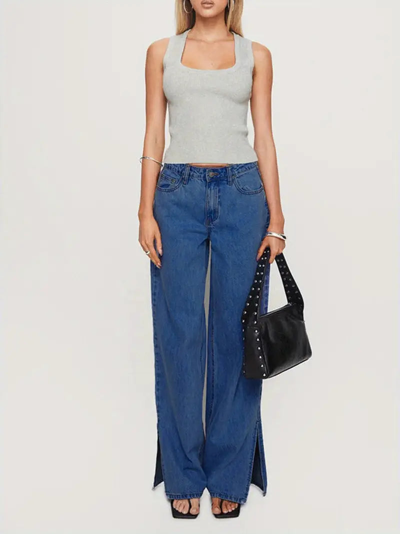 Women'S Wide Leg Faux Denim, Blend, Casual Style, Solid Color, with Split Hem and Slight Stretch, for All-Season Woven Faux Denim Pants