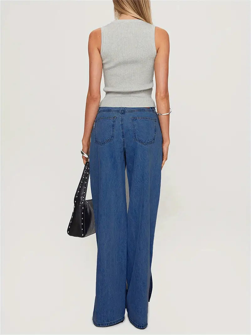 Women'S Wide Leg Faux Denim, Blend, Casual Style, Solid Color, with Split Hem and Slight Stretch, for All-Season Woven Faux Denim Pants