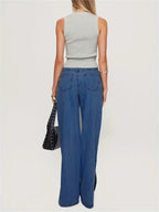 Women'S Wide Leg Faux Denim, Blend, Casual Style, Solid Color, with Split Hem and Slight Stretch, for All-Season Woven Faux Denim Pants