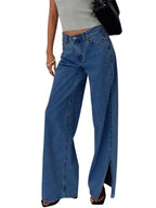 Women'S Wide Leg Faux Denim, Blend, Casual Style, Solid Color, with Split Hem and Slight Stretch, for All-Season Woven Faux Denim Pants