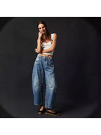 Loose Wide-Leg Pants Mid-Low Waist Washed Trousers Women