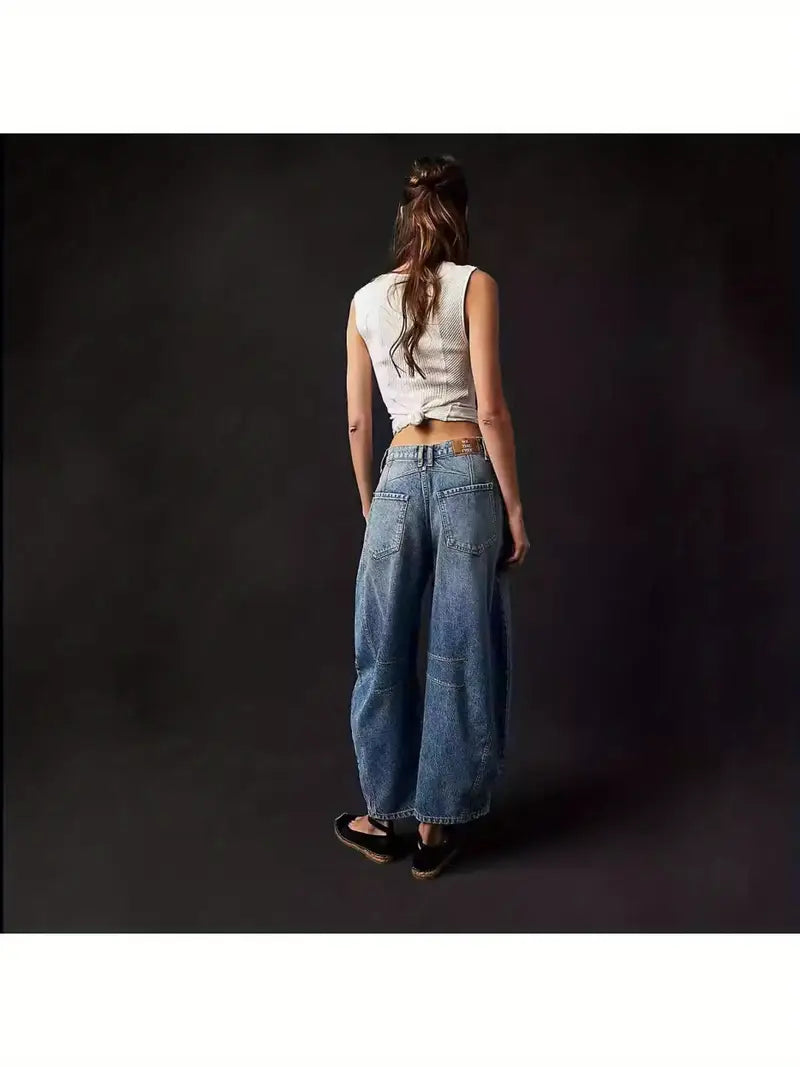 Loose Wide-Leg Pants Mid-Low Waist Washed Trousers Women
