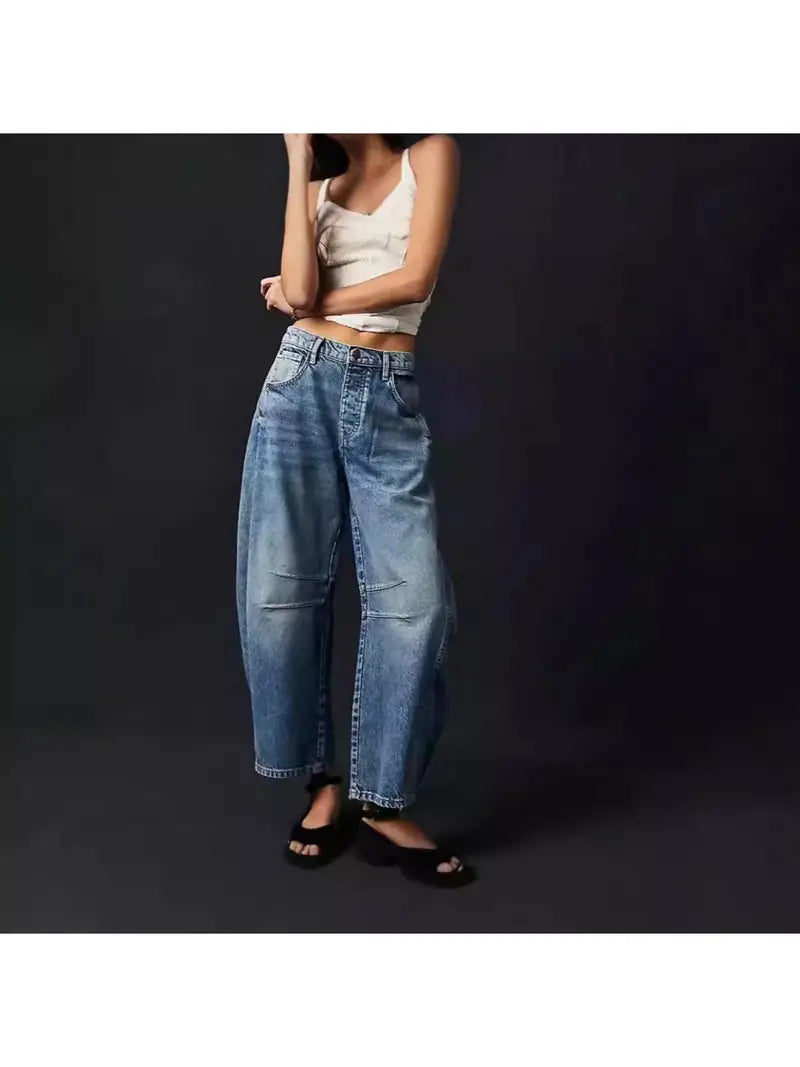 Loose Wide-Leg Pants Mid-Low Waist Washed Trousers Women