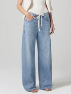 Women's Casual Wide-Leg Denim Jeans with Drawstring Waist and Pockets - Solid Color, Cotton Blend, Machine Washable