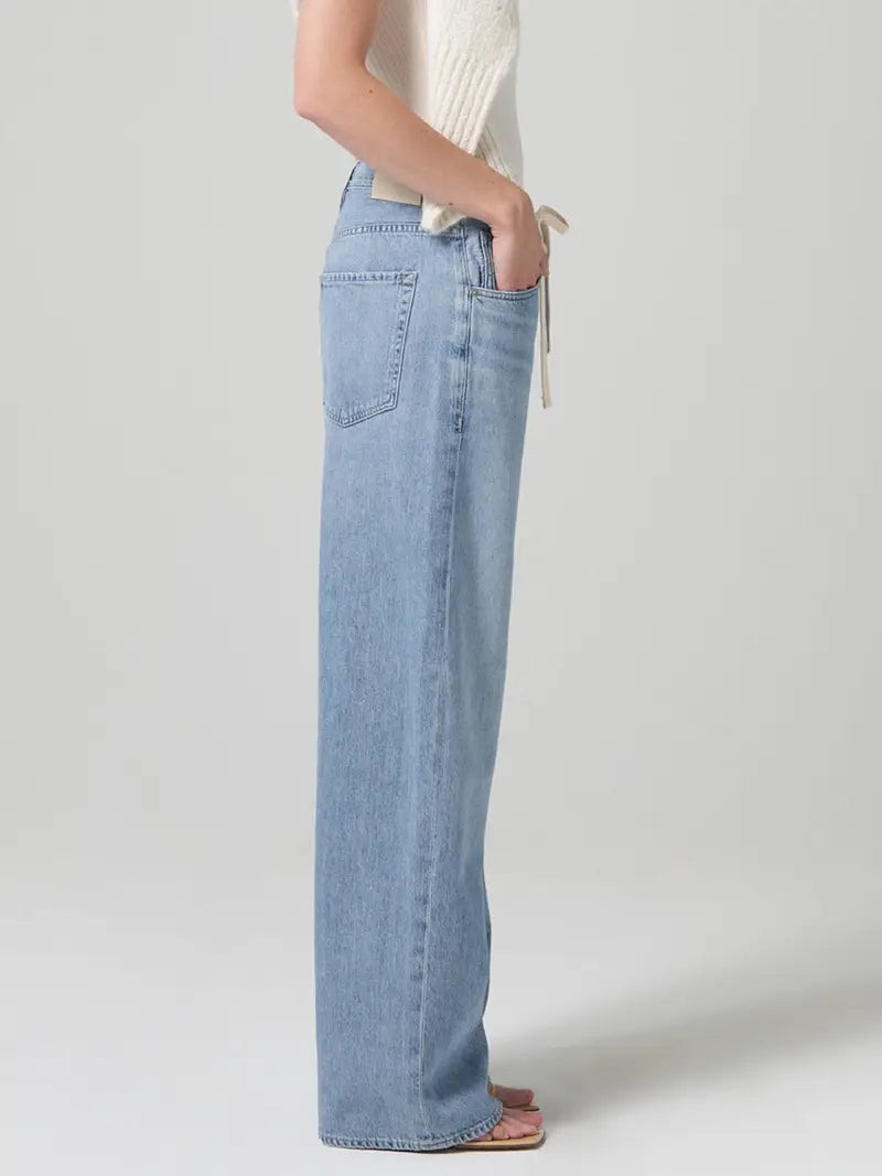 Women's Casual Wide-Leg Denim Jeans with Drawstring Waist and Pockets - Solid Color, Cotton Blend, Machine Washable