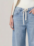 Women's Casual Wide-Leg Denim Jeans with Drawstring Waist and Pockets - Solid Color, Cotton Blend, Machine Washable