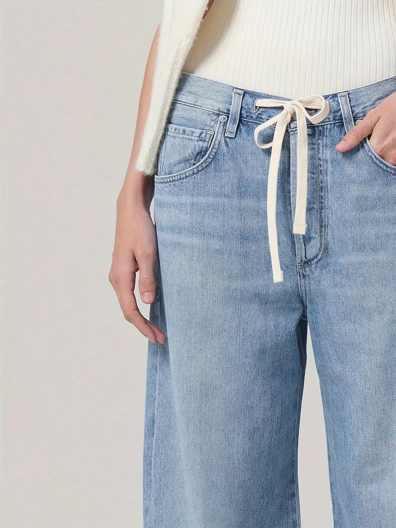 Women's Casual Wide-Leg Denim Jeans with Drawstring Waist and Pockets - Solid Color, Cotton Blend, Machine Washable