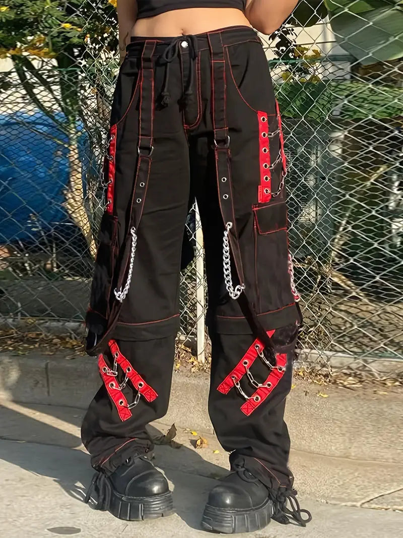 Women'S Casual Polyester Cargo Pants, Low Rise Baggy Rock Style Wide Leg Jeans, with Flap Pockets, Woven Lifestyle Pattern for All Seasons