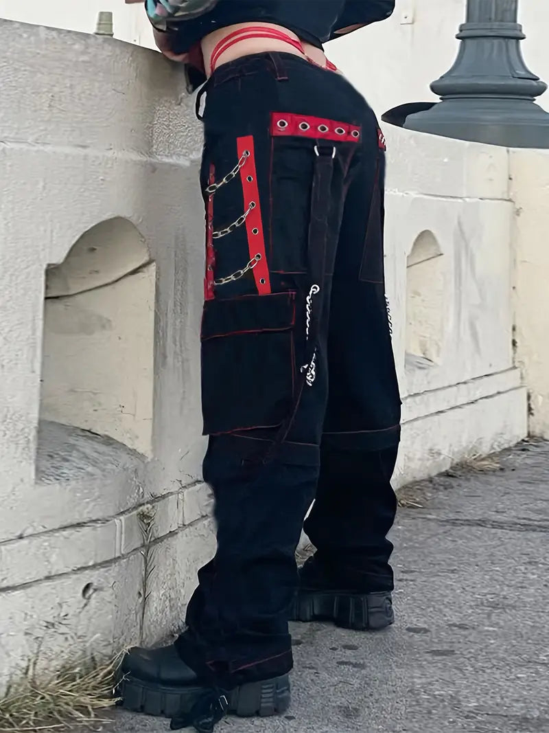 Women'S Casual Polyester Cargo Pants, Low Rise Baggy Rock Style Wide Leg Jeans, with Flap Pockets, Woven Lifestyle Pattern for All Seasons