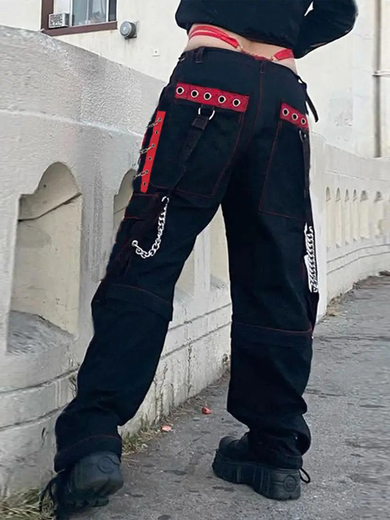 Women'S Casual Polyester Cargo Pants, Low Rise Baggy Rock Style Wide Leg Jeans, with Flap Pockets, Woven Lifestyle Pattern for All Seasons