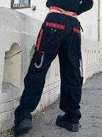 Women'S Casual Polyester Cargo Pants, Low Rise Baggy Rock Style Wide Leg Jeans, with Flap Pockets, Woven Lifestyle Pattern for All Seasons