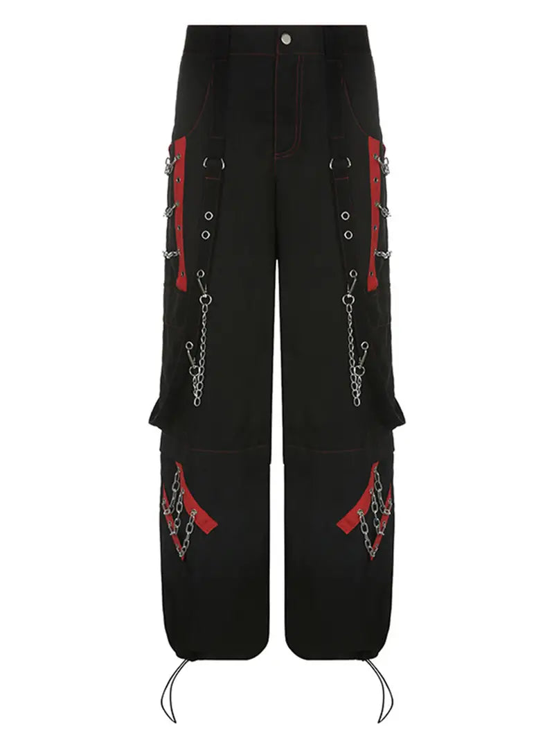 Women'S Casual Polyester Cargo Pants, Low Rise Baggy Rock Style Wide Leg Jeans, with Flap Pockets, Woven Lifestyle Pattern for All Seasons