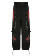 Women'S Casual Polyester Cargo Pants, Low Rise Baggy Rock Style Wide Leg Jeans, with Flap Pockets, Woven Lifestyle Pattern for All Seasons