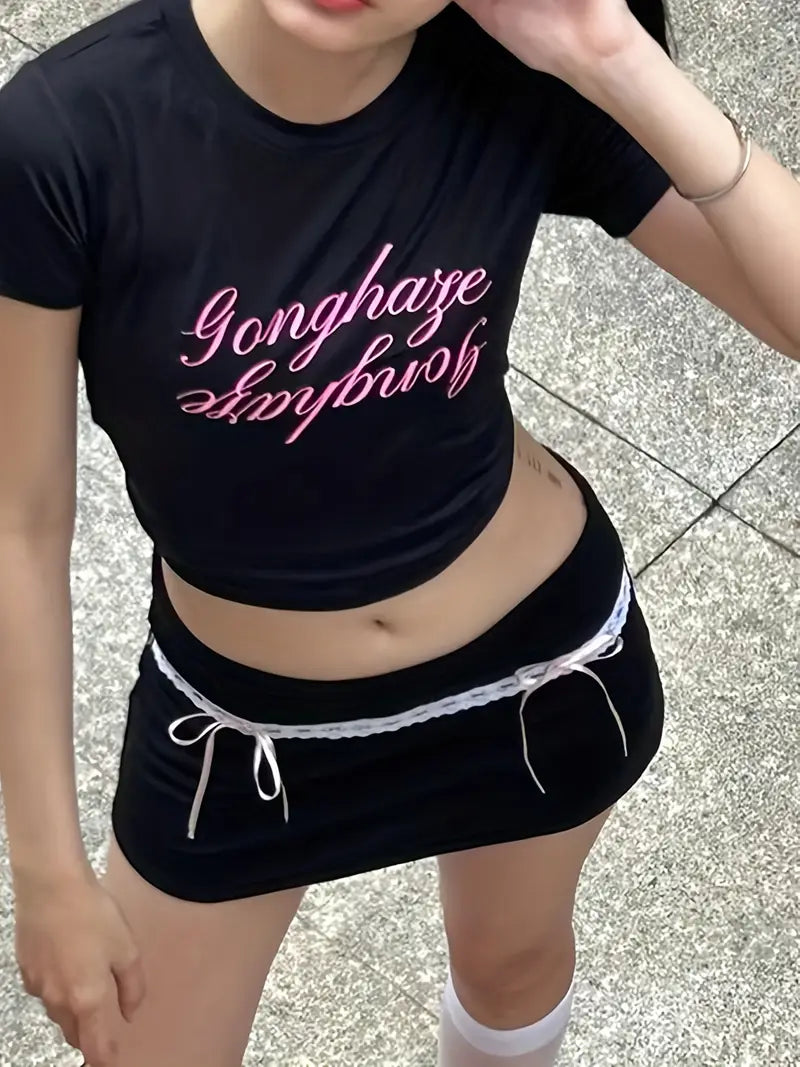 Chic Lace-Trim Bow Bodycon Mini Skirt for Women - Elastic Waist, Perfect for Club & Streetwear, Spring/Summer Collection