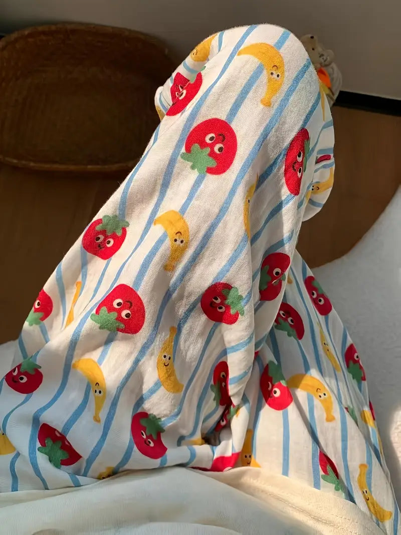Women'S Sleeping Pants, Waistwide-leg Pants, Pajamas With Stripes And Elastic, Fashion Cute Tomato And Banana Print, Sweet And Comfortable Fabric