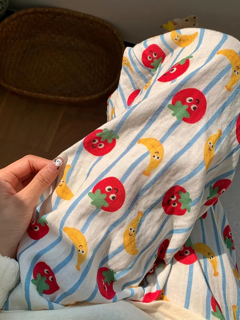 Women'S Sleeping Pants, Waistwide-leg Pants, Pajamas With Stripes And Elastic, Fashion Cute Tomato And Banana Print, Sweet And Comfortable Fabric